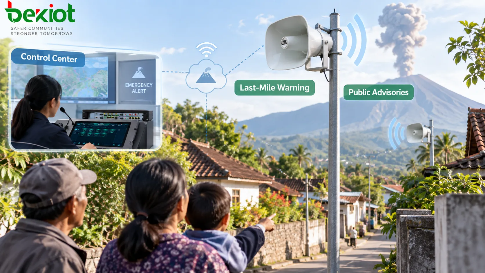 Comunidad cercana al volcán Kanlaon que utiliza un centro de control, una red por zonas y altavoces exteriores de megafonía para distribuir avisos de emergencia, comunicados públicos e instrucciones de respuesta ante desastres