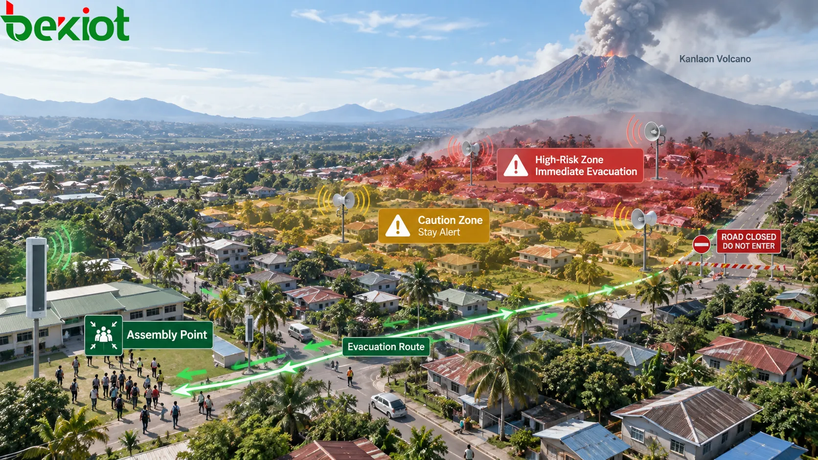 Sistema PA de emergencia que divide las zonas de riesgo en áreas de megafonía y entrega a distintas comunidades alertas accionables, rutas de evacuación, puntos de reunión y restricciones de circulación
