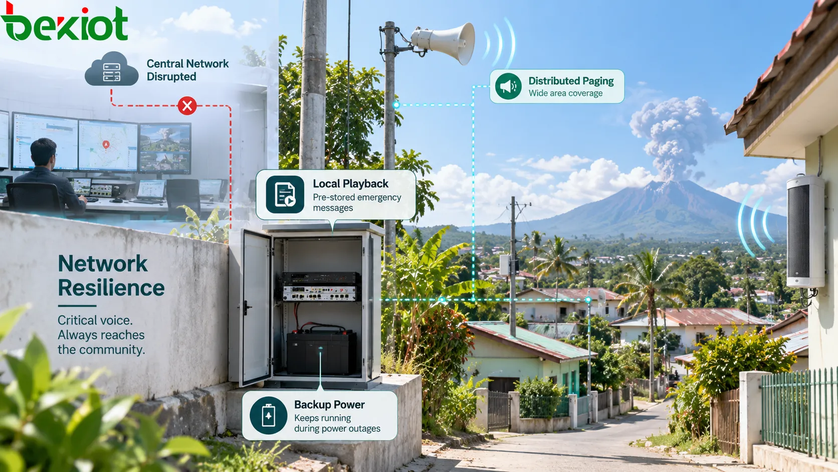 Sistema PA de emergencia para zonas volcánicas y de desastres naturales que utiliza nodos distribuidos de megafonía, mensajes de emergencia almacenados localmente, alimentación de respaldo y rutas de red redundantes para mantener las emisiones críticas cuando se interrumpe la red central