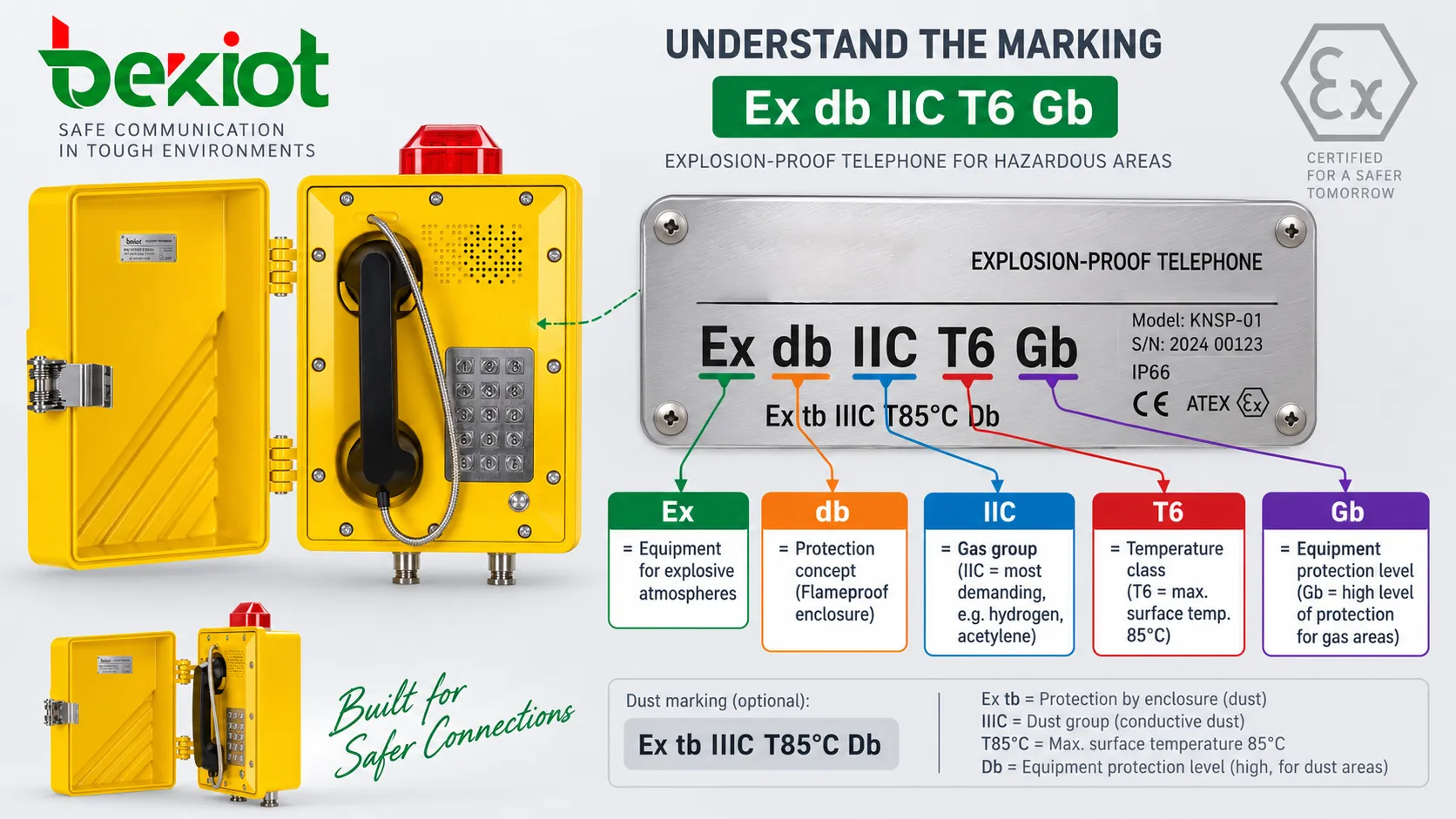 Placa de un teléfono antideflagrante que desglosa Ex db IIC T6 Gb en marca Ex, concepto de protección, grupo de gases, clase de temperatura y nivel de protección del equipo para verificar su uso en zonas peligrosas