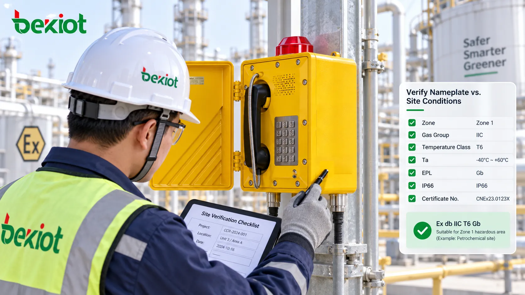 Ingeniero de zonas peligrosas verificando la placa de un teléfono antideflagrante frente a Zone, grupo de gases, clase de temperatura, temperatura ambiente, EPL y número de certificado, en lugar de comprobar solo IIC T6 o IP66