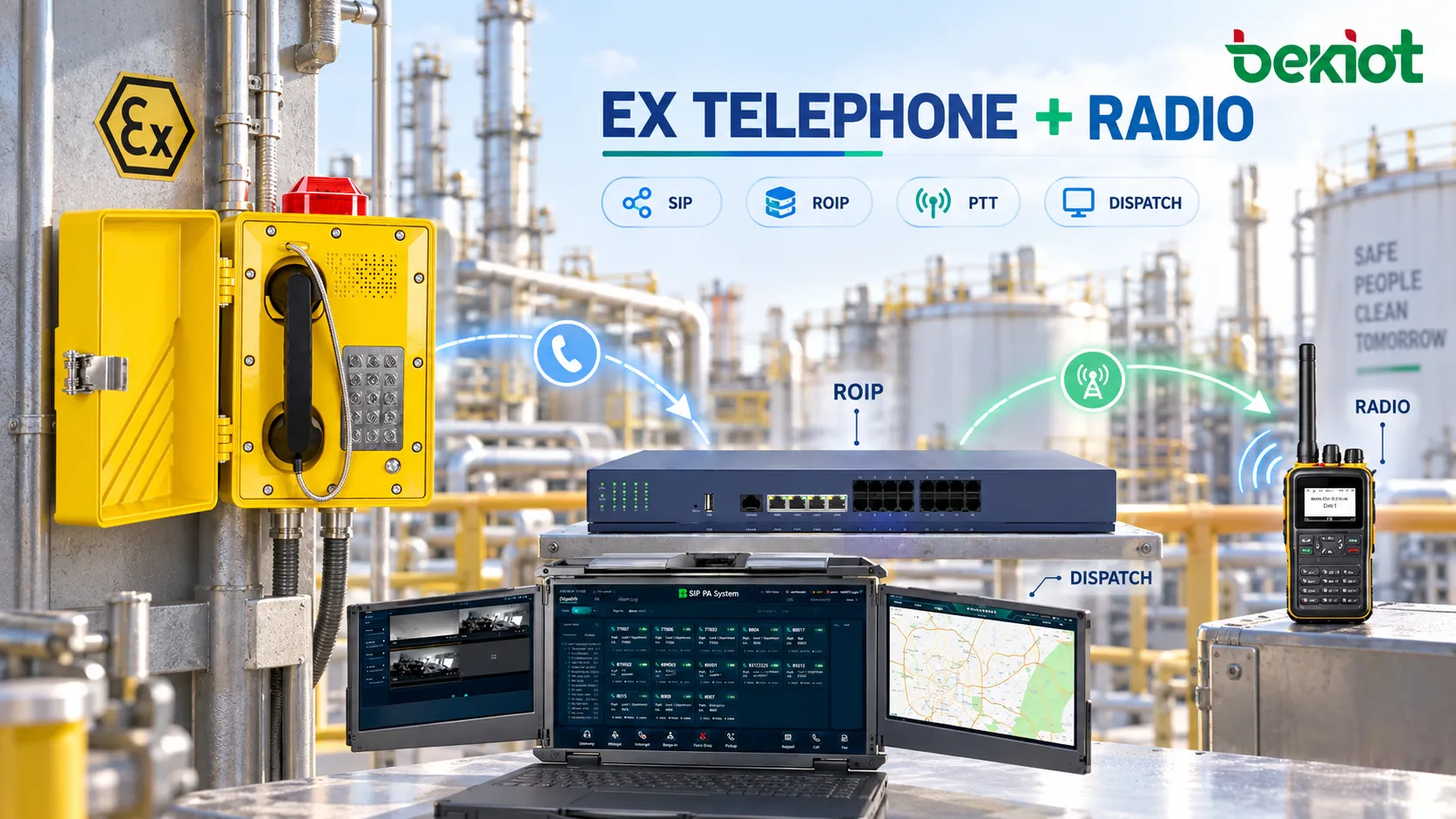 Puesta en servicio de un teléfono antideflagrante y un sistema de despacho de radio RoIP, probando llamadas de teléfono a radio, audio de retorno de radio, temporización PTT, estado de radio ocupada, grabación bidireccional, conmutación por fallo de red y calidad de voz en condiciones de campo con alto nivel de ruido