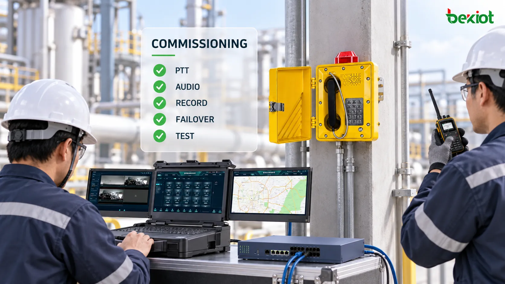 Planta industrial existente que conserva teléfonos antideflagrantes analógicos y radios heredadas mientras utiliza una pasarela de voz FXS y una pasarela RoIP para integrarlos con una plataforma de despacho SIP unificada
