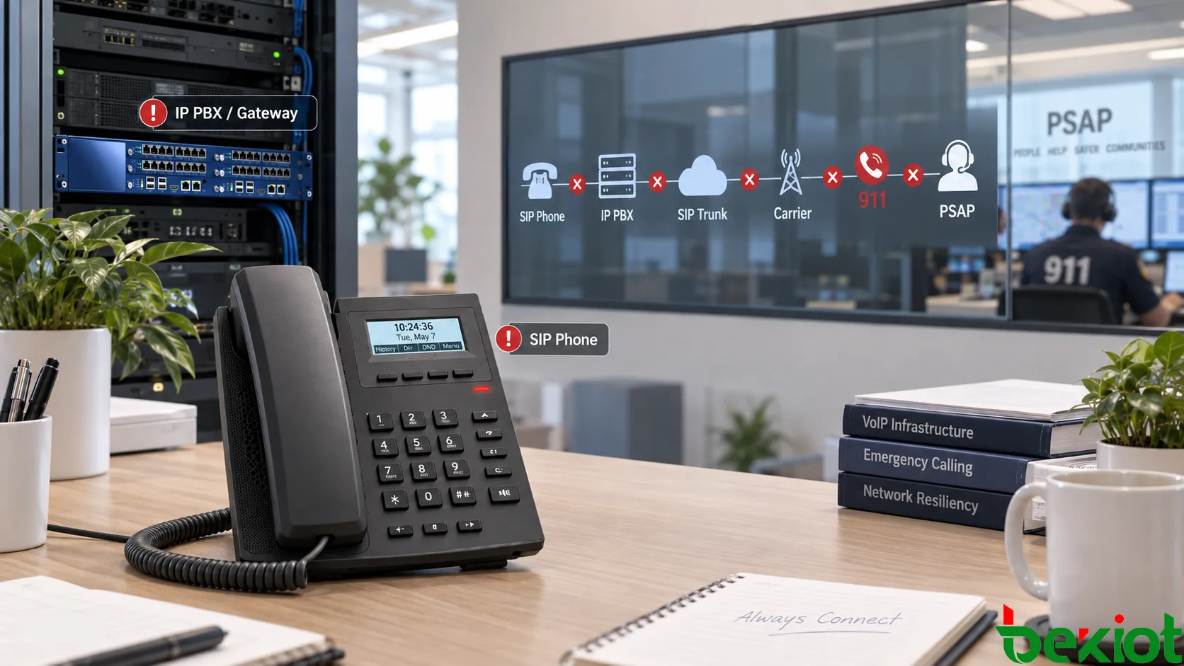 Ruta de extremo a extremo de una llamada de emergencia VoIP desde el teléfono SIP, la red empresarial, la IP PBX y la troncal SIP, pasando por el operador y el enrutamiento del 911 hasta un PSAP, con dominios de fallo separados para la red local, el operador y los servicios de emergencia