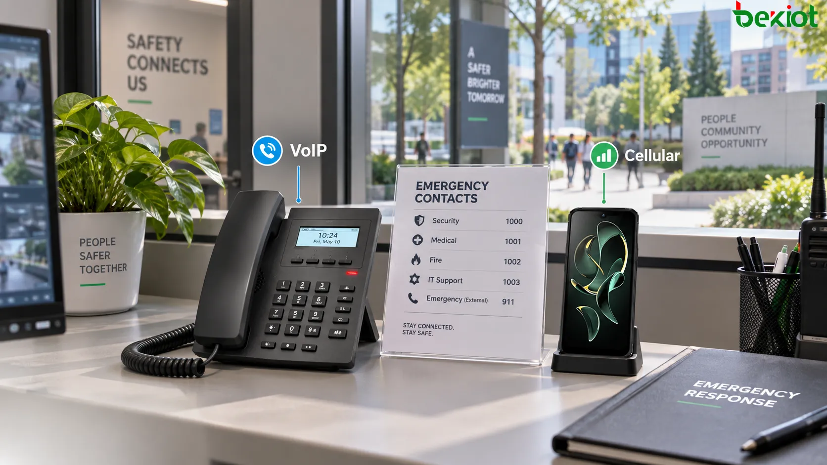 Arquitectura de llamadas de emergencia VoIP con múltiples rutas que combina voz SIP principal, servicio celular independiente, operadores alternativos, telefonía fija de respaldo y números locales de emergencia, reduciendo los puntos de fallo compartidos