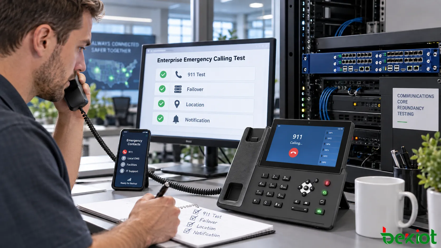 Pruebas de aceptación de llamadas de emergencia VoIP empresariales que abarcan ubicación de emergencia, enrutamiento del 911, operadores alternativos, WAN de respaldo, conmutación por fallo del servidor SIP, números alternativos de emergencia y notificación interna a seguridad