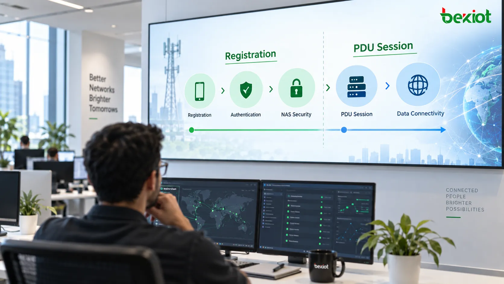 Límite funcional entre el registro en 5GC y el establecimiento de la sesión PDU, donde el UE completa primero identidad, autenticación y registro a través del AMF antes de establecer una sesión de datos de usuario hacia la red de datos mediante el SMF y el UPF