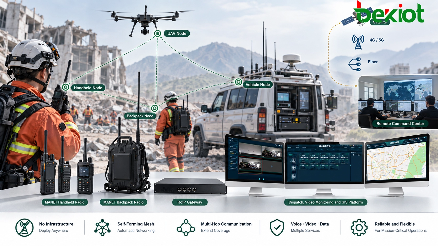 Las radios MANET forman automáticamente una red mallada móvil ad hoc en la que nodos portátiles, instalados en vehículos y aéreos se comunican directamente o retransmiten tráfico a través de múltiples saltos inalámbricos