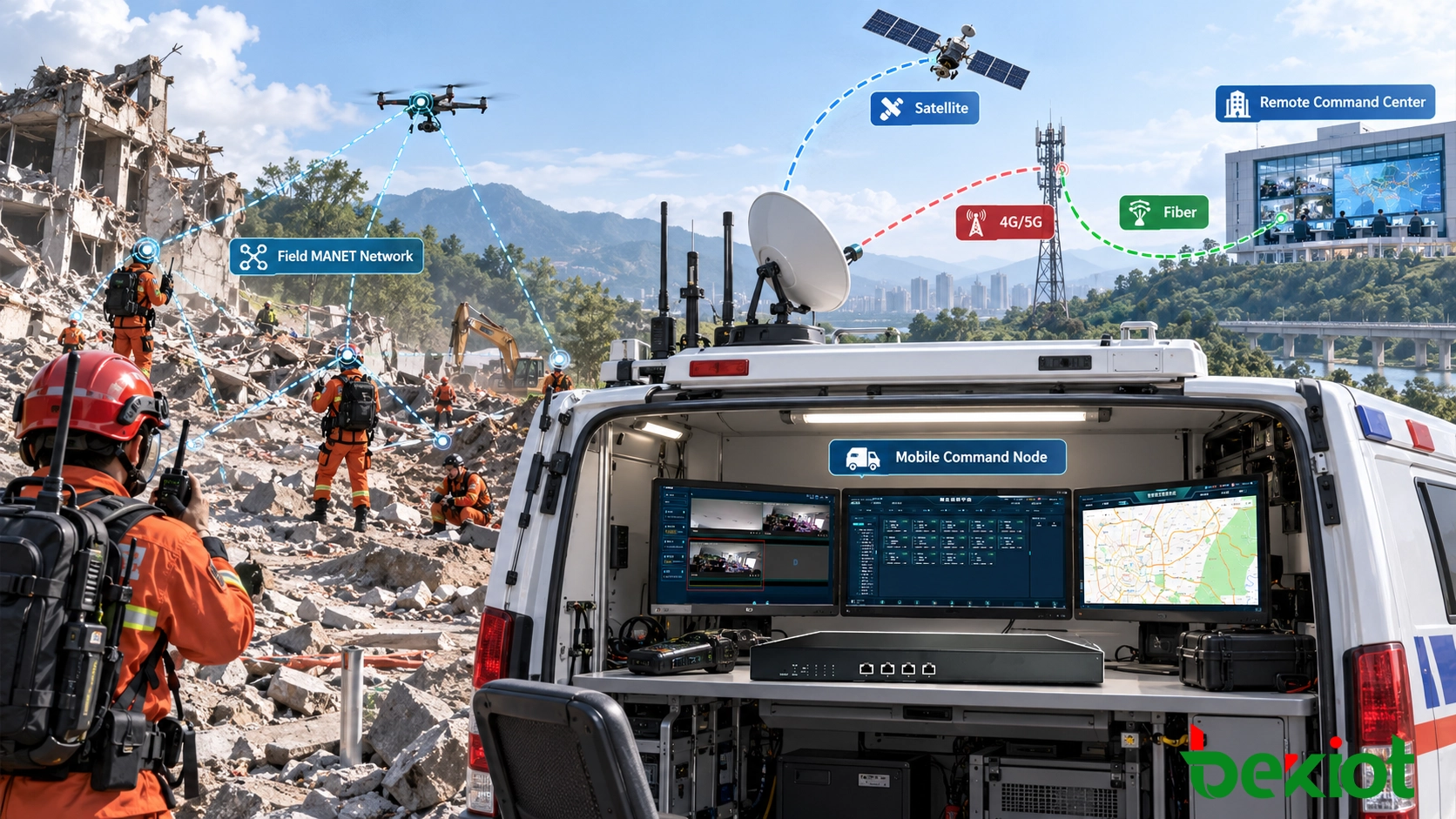 Red MANET de campo que conecta radios portátiles, vehículos, cámaras y UAV con un nodo de mando móvil, con backhaul independiente 4G, 5G o satelital que conecta la red de campo con un centro de mando remoto