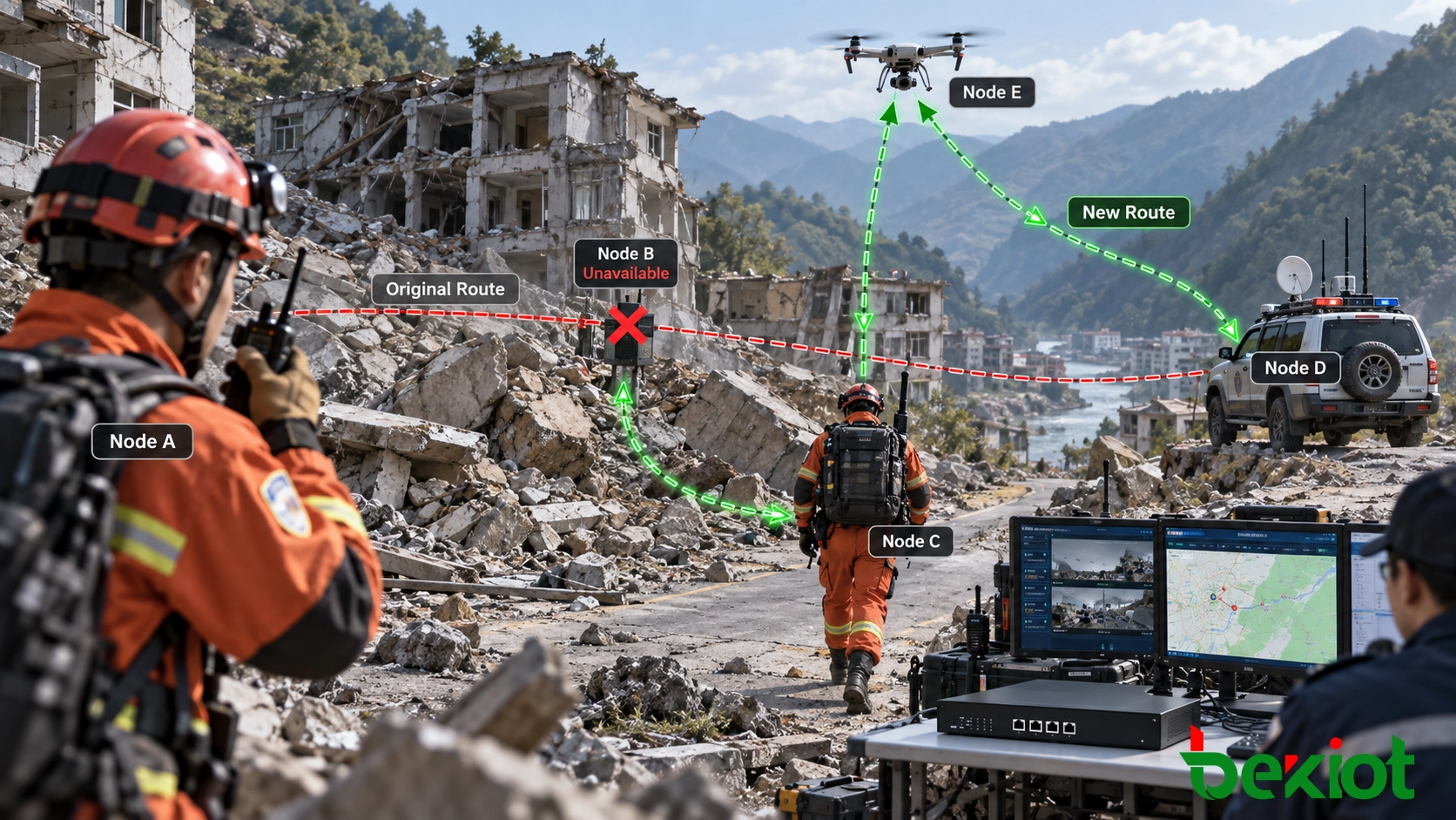 Red de radio MANET que redirige dinámicamente el tráfico cuando un nodo móvil se desplaza o un enlace inalámbrico deja de estar disponible, utilizando rutas multisalto alternativas entre usuarios de campo y nodos de mando