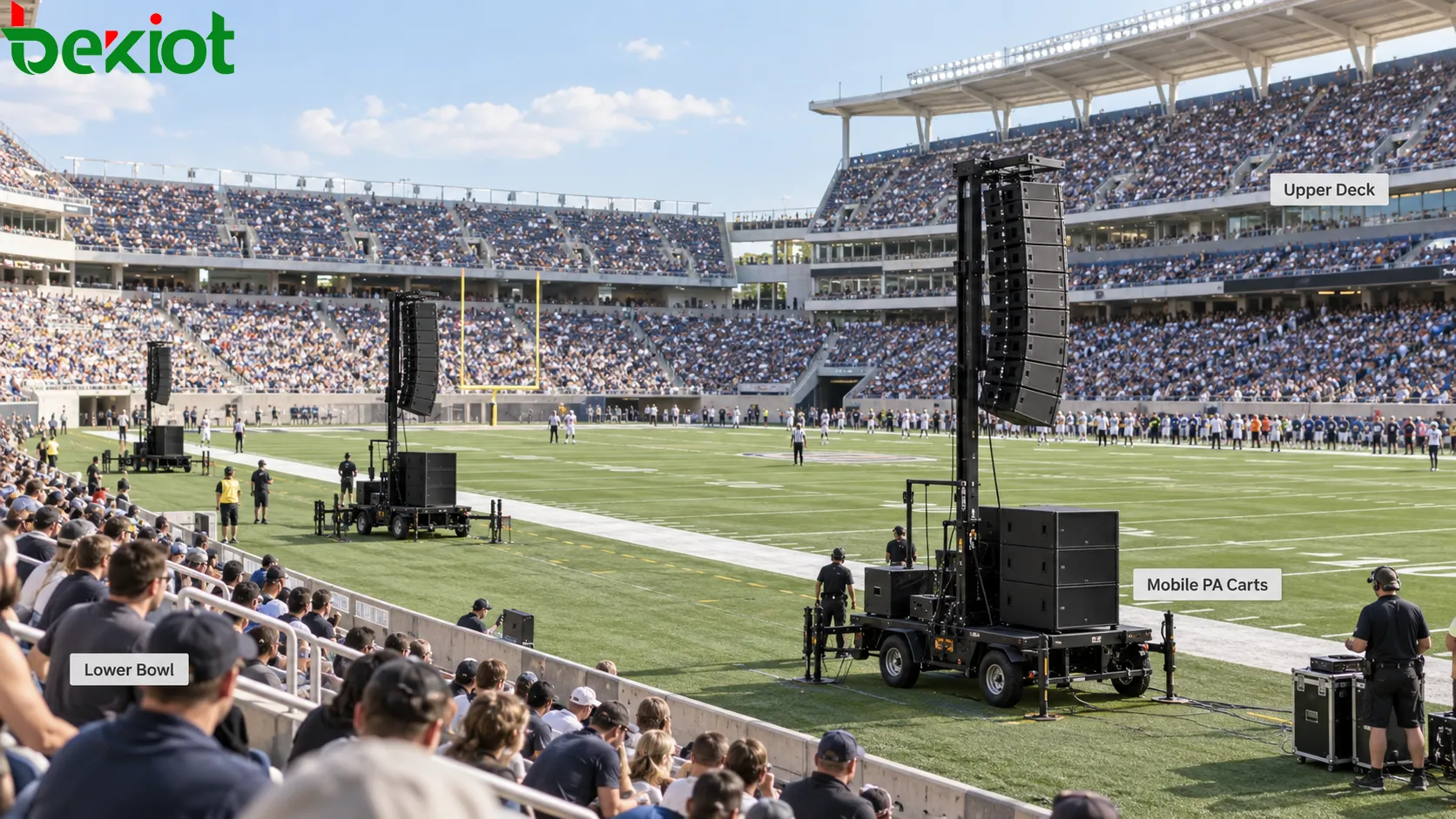 PA temporal del Super Bowl con carros móviles de altavoces equipados con line arrays y subwoofers alrededor de un campo al aire libre para cubrir con sonido de entretenimiento las gradas inferiores y superiores