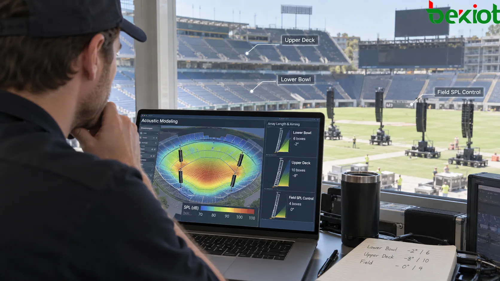PA temporal para estadio que utiliza modelado acústico para ajustar la longitud y la orientación vertical de line arrays móviles para las gradas inferiores, superiores y asientos lejanos, controlando al mismo tiempo el SPL excesivo en el campo