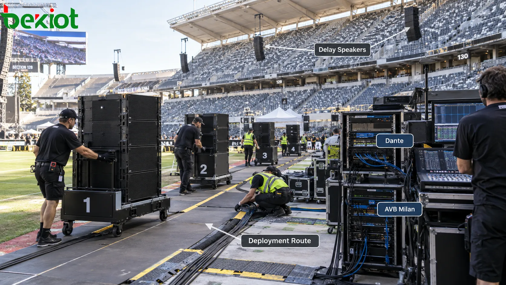 PA móvil para grandes eventos que utiliza audio en red Dante y AVB Milan para conectar carros temporales de altavoces, controladores amplificados, consolas de mezcla y altavoces de retardo instalados en el estadio, siguiendo rutas predefinidas de despliegue y retirada rápidos
