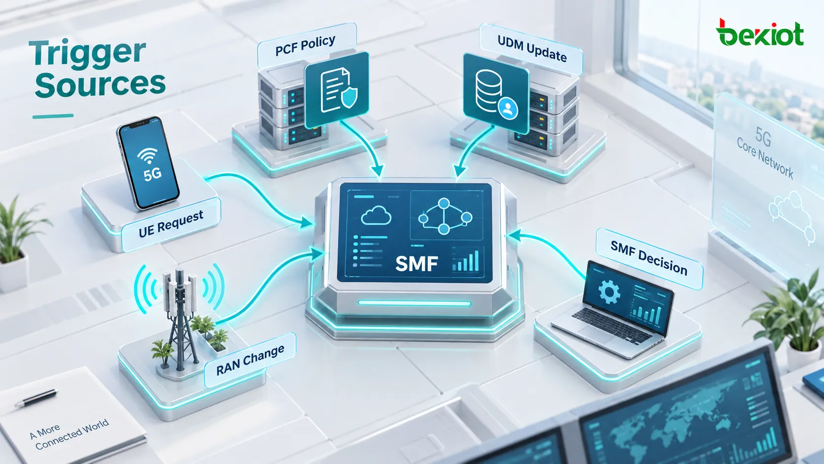 Principales desencadenantes de la modificación de sesión PDU en 5GC: solicitud del UE, cambio de política PCF, actualización de QoS suscrito en UDM, decisión local del SMF y cambio de condiciones RAN, con el SMF coordinando la actualización de la sesión