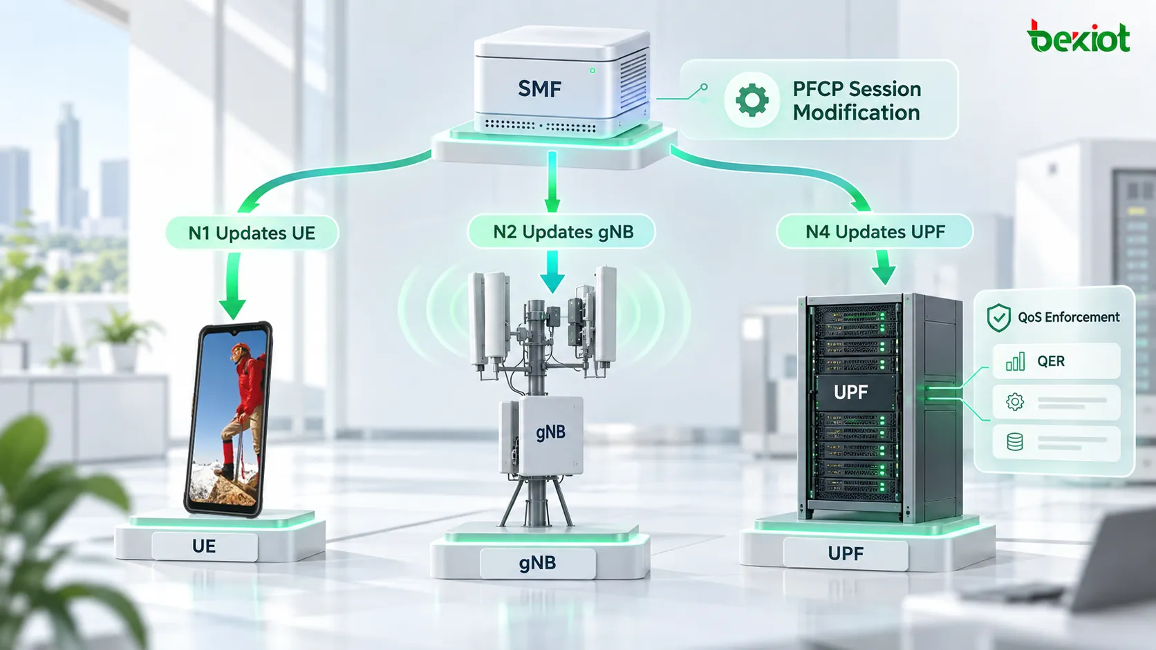 Modificación de sesión PDU en 5GC: N1 actualiza los parámetros QoS del UE, N2 modifica los recursos de flujo QoS del gNB y N4 PFCP Session Modification actualiza el QER y otras reglas de aplicación del plano de usuario en el UPF