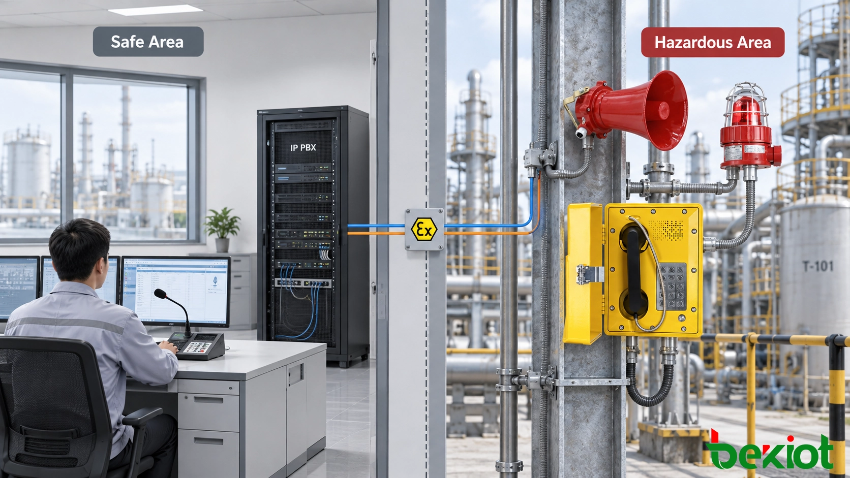 Arquitectura de un sistema PA a prueba de explosiones que separa los equipos de control en zona segura de los teléfonos, altavoces y dispositivos de alarma en zonas peligrosas