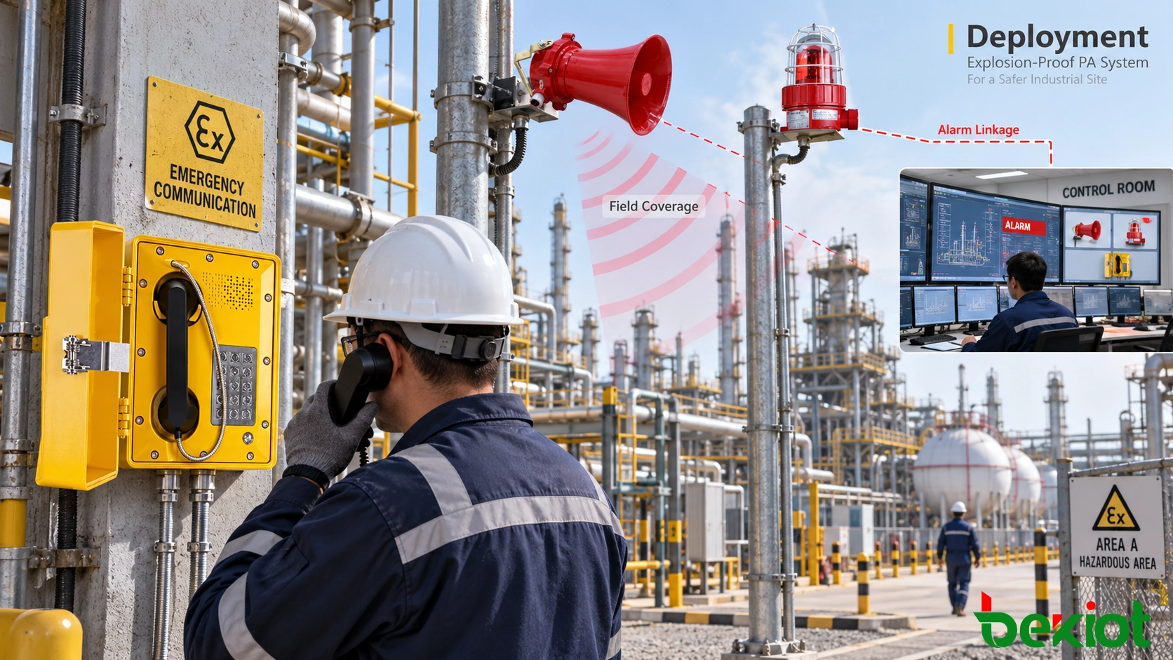 Flujo de ingeniería de un sistema PA a prueba de explosiones que incluye selección de equipos para áreas peligrosas, ubicación en campo, integración de alarmas y despliegue en la sala de control