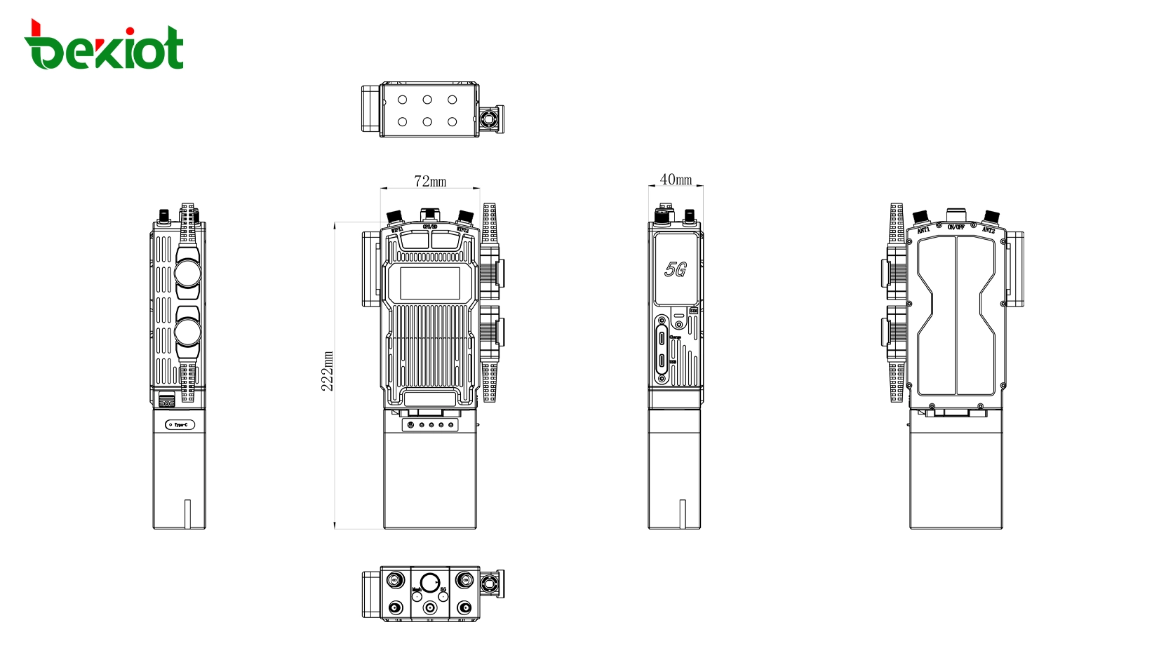Dimensiones de la radio portátil SDR MANET MEB82: 222 × 72 × 40 mm