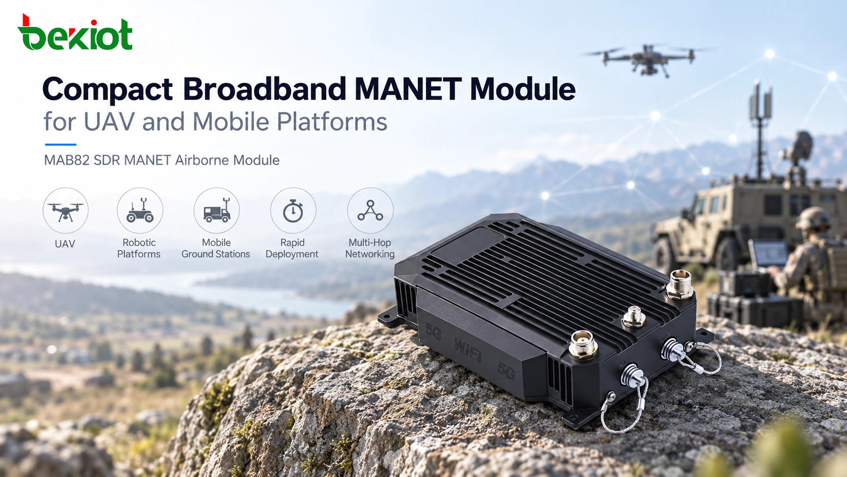 Vista del producto módulo aerotransportado SDR MANET MAB82