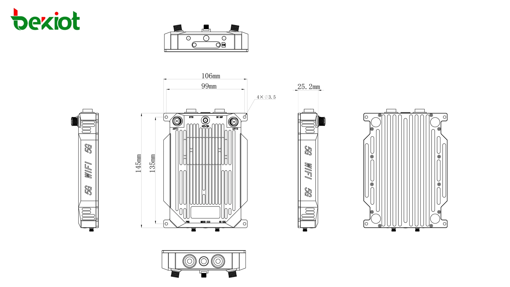 Dimensiones del módulo aerotransportado SDR MANET MAB82: 145 × 106 × 33 mm