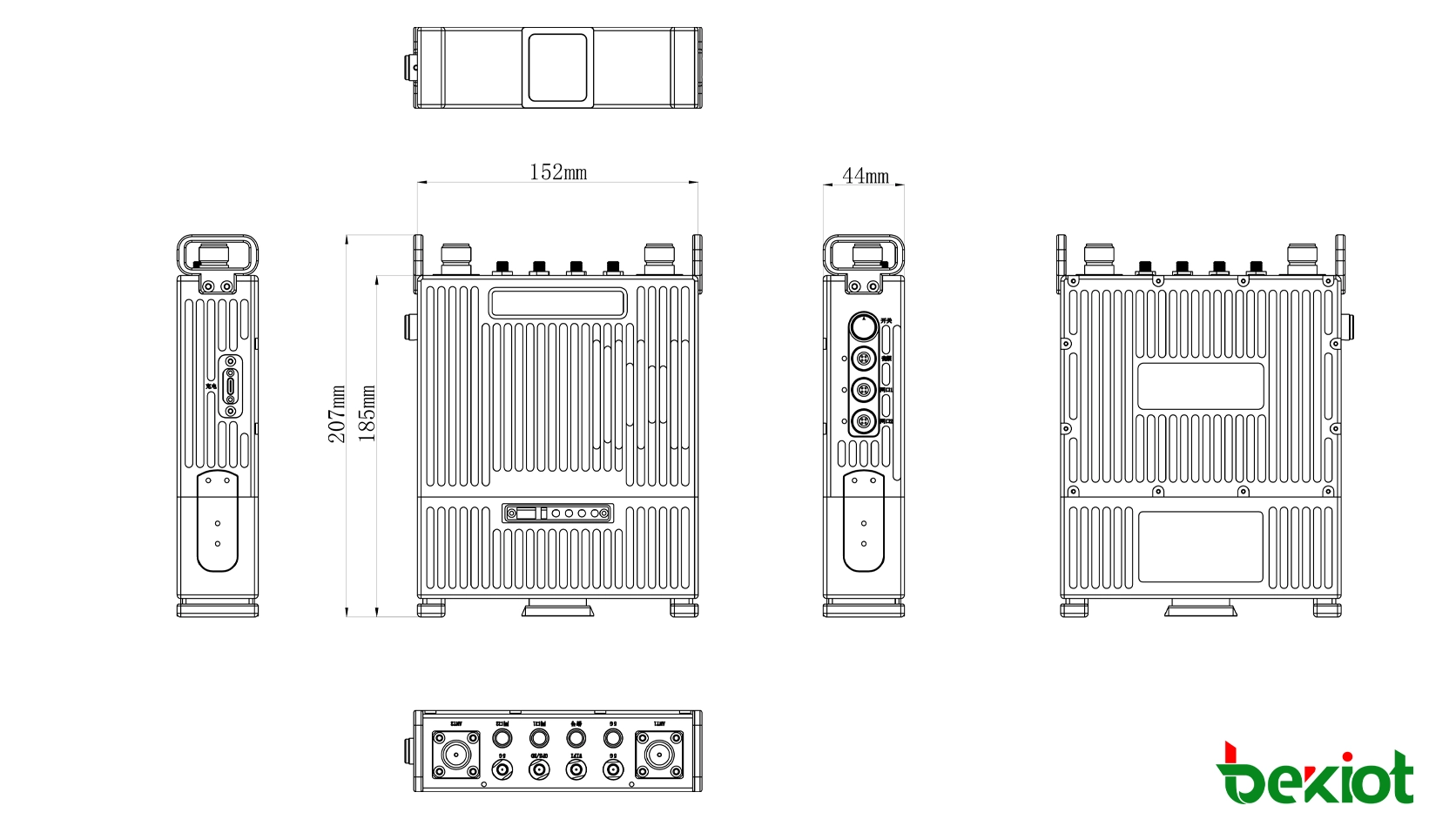 Dimensiones de la estación base tipo mochila SDR MANET MEB92: 207 × 152 × 44 mm