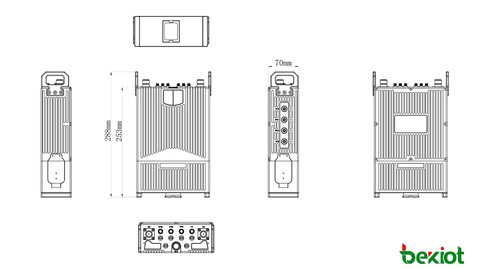 Dimensiones de la estación base tipo mochila SDR MANET MEB92 de alta potencia: 288 × 174 × 70 mm