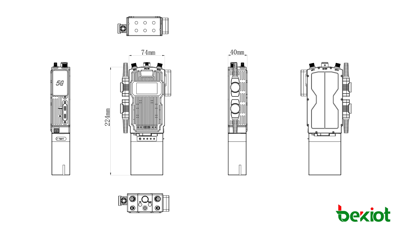Dimensiones de la radio portátil SDR MANET MEB83: 224 × 74 × 40 mm