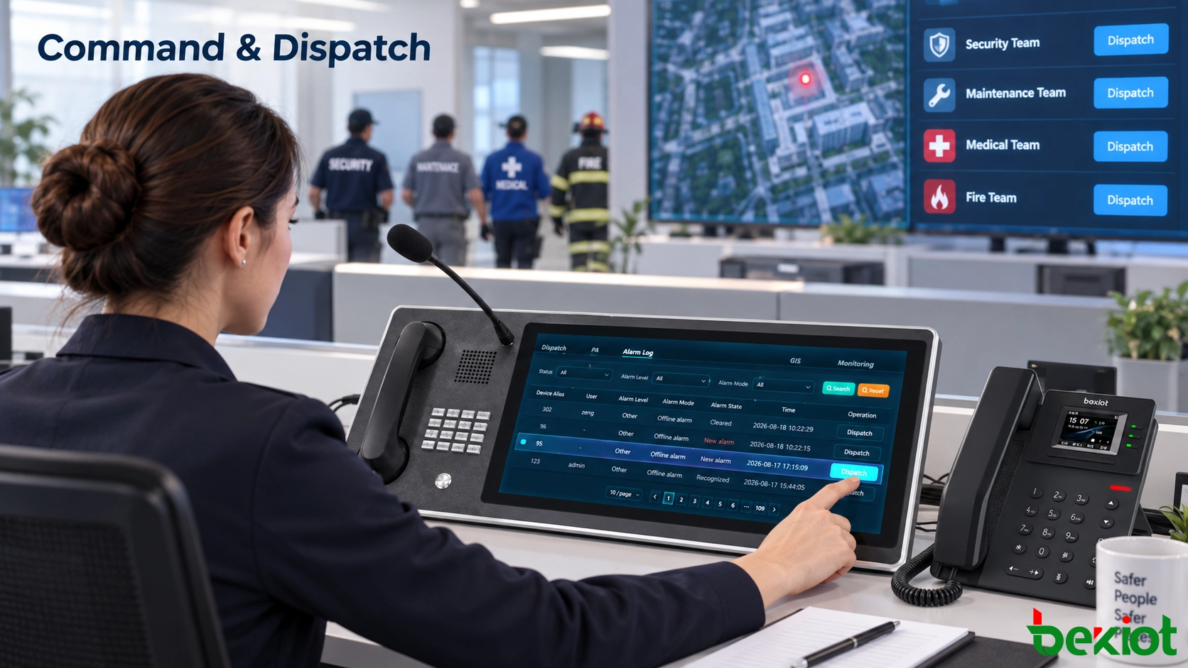 Puesto de despacho de emergencias coordinando recursos de respuesta desde una sala de control