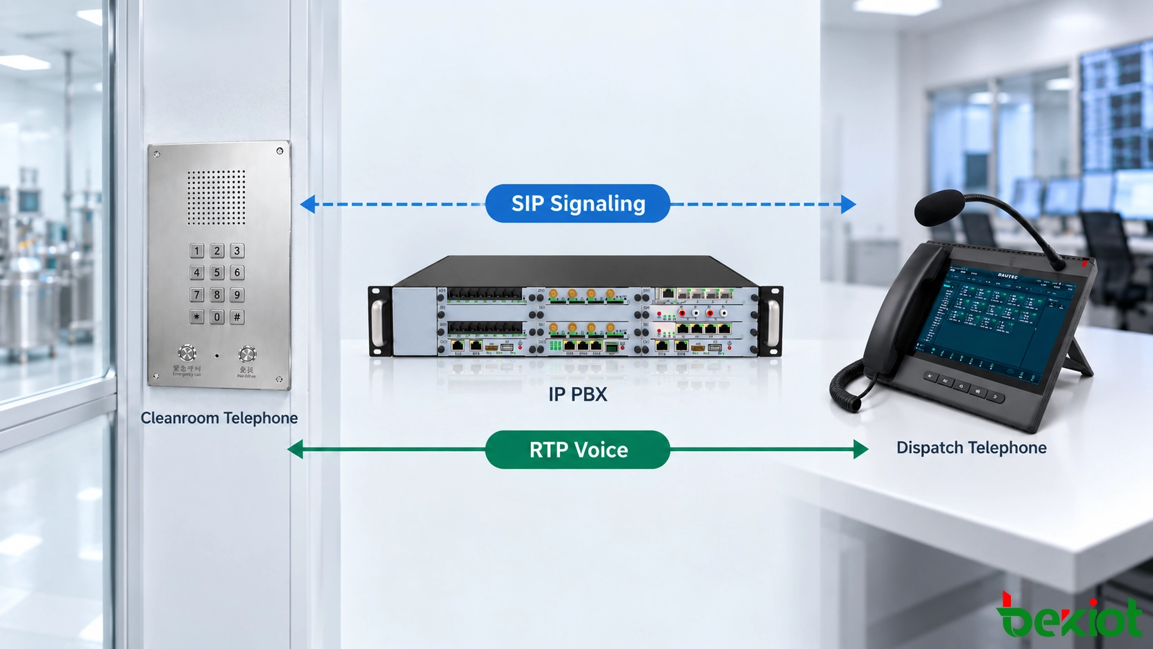 Rutas de señalización SIP y medios de voz RTP entre un teléfono para sala limpia, una centralita IP y un teléfono de despacho
