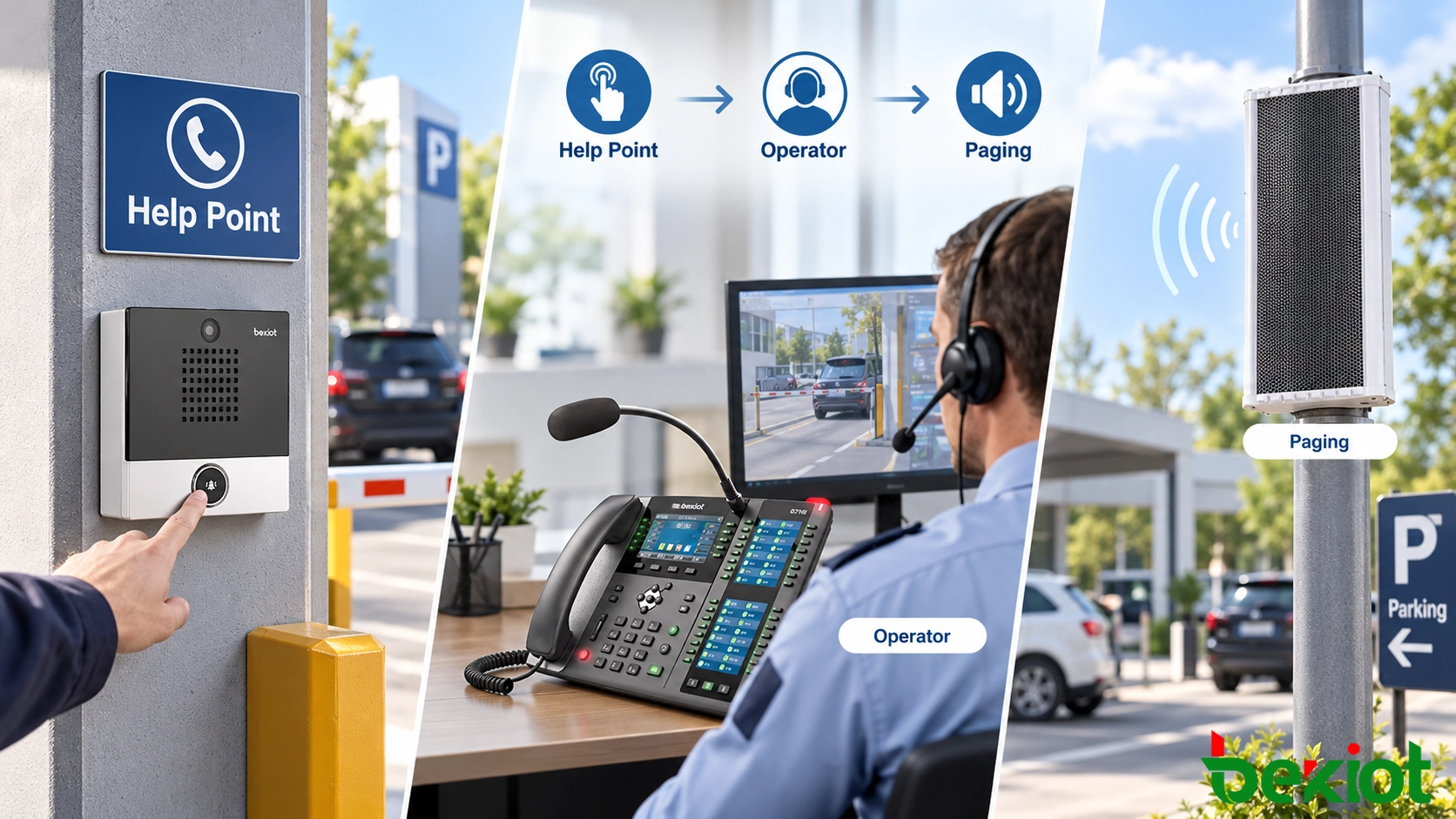 Sistema de comunicación IP para aparcamientos, interfonos de acceso, teléfonos industriales y megafonía SIP por zonas conectados a la sala de control