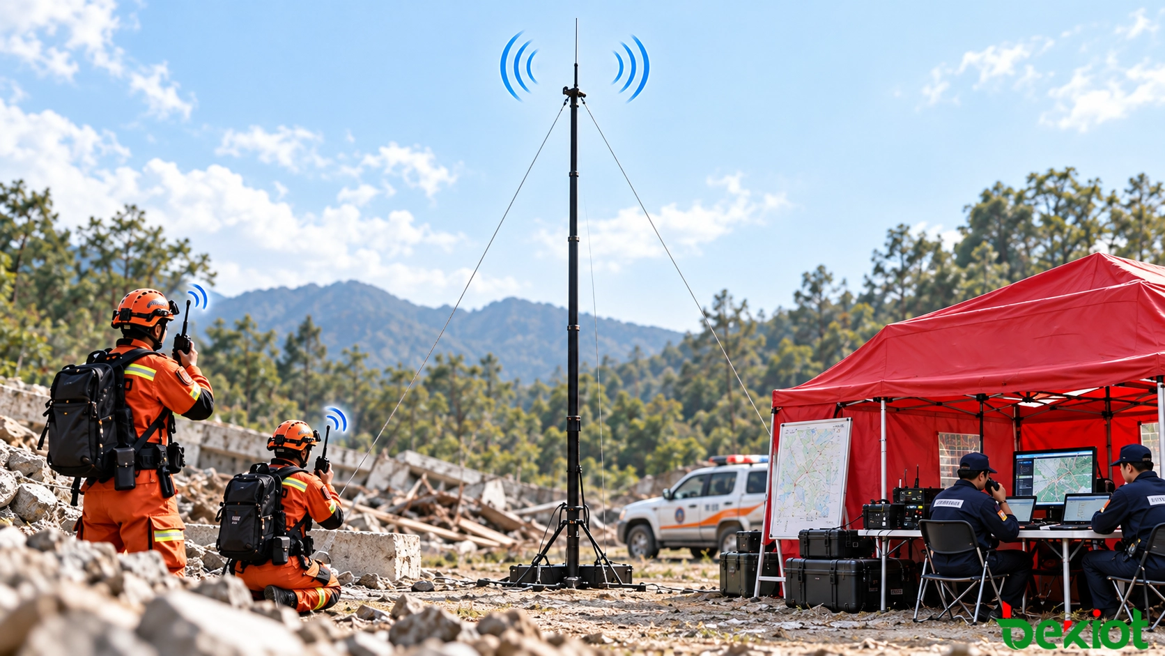 Diagrama de comunicaciones de emergencia que conecta radios de primera línea con un centro remoto mediante una antena temporal elevada y un puesto de mando