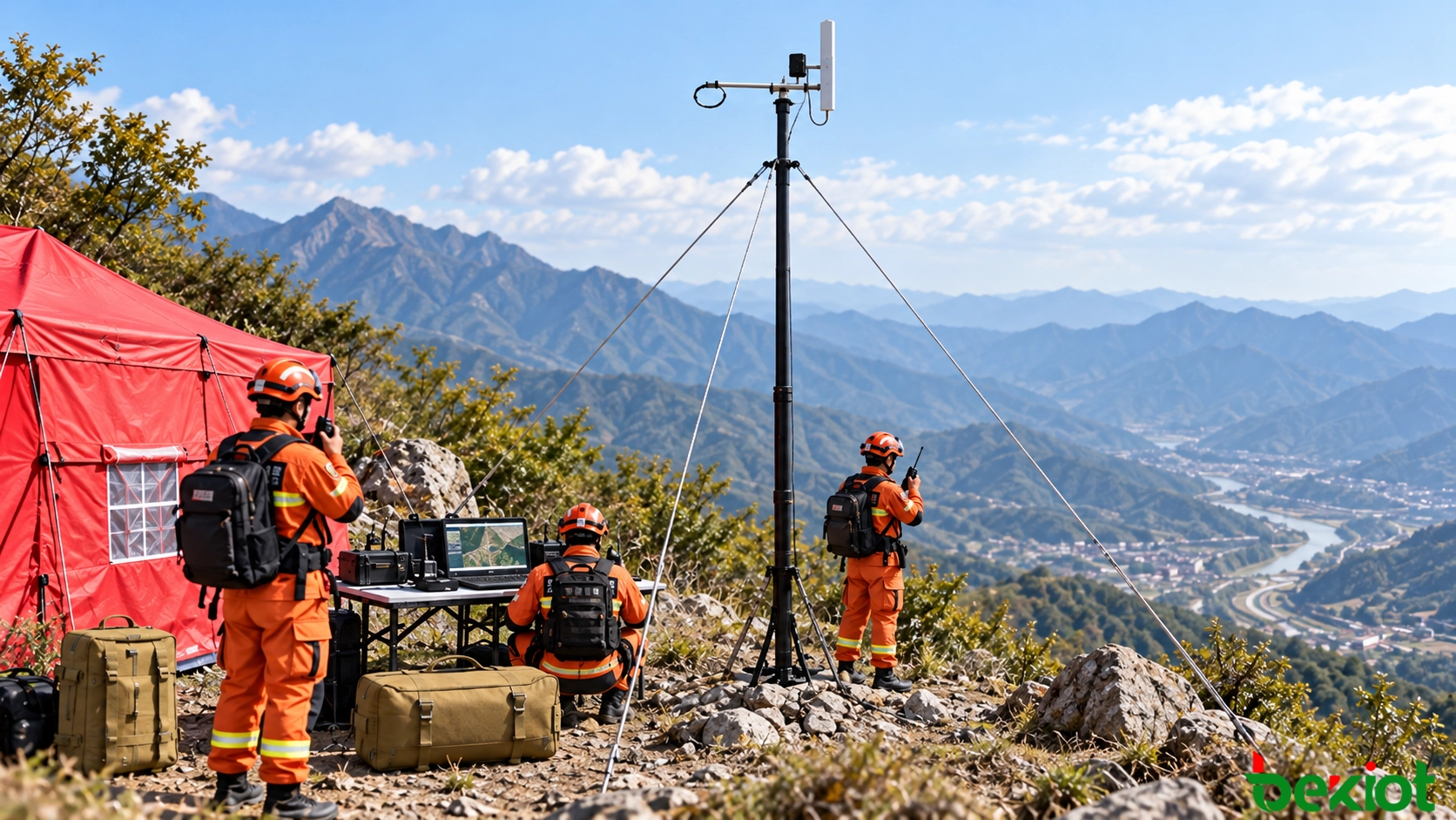 Equipo de rescate de montaña que utiliza un mástil de antena portátil asegurado en un puesto de mando temporal
