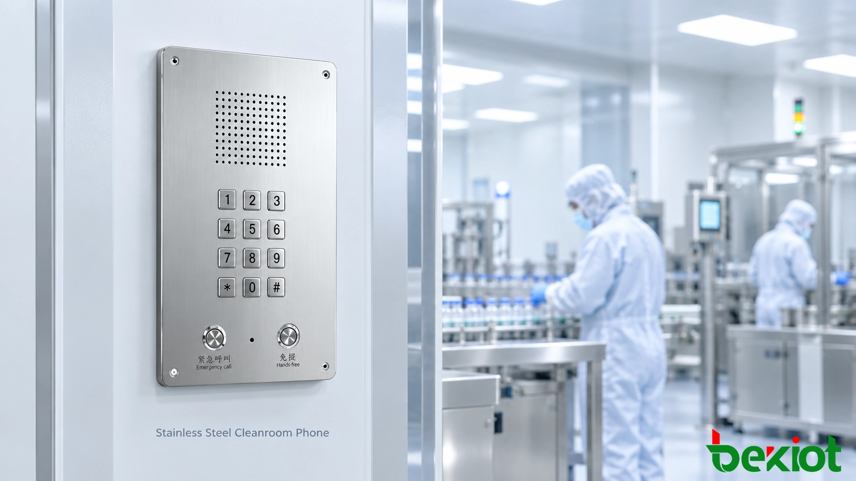 Teléfono para sala blanca de acero inoxidable instalado en una instalación farmacéutica