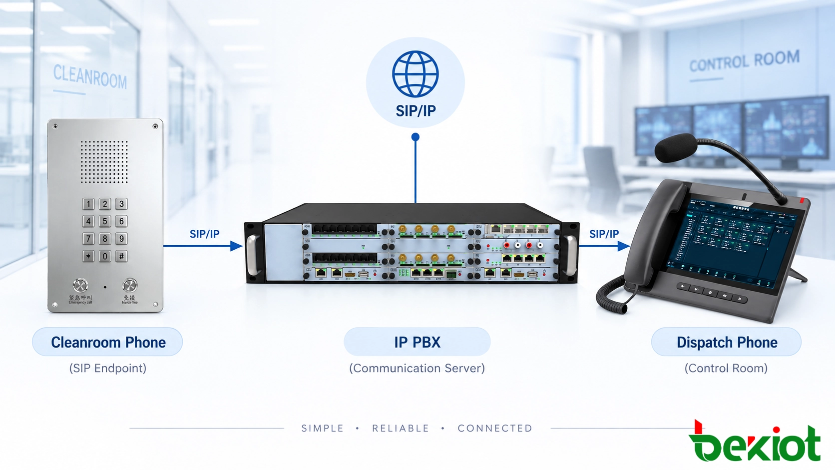 Teléfono SIP para sala blanca conectado a un sistema de comunicación IP PBX