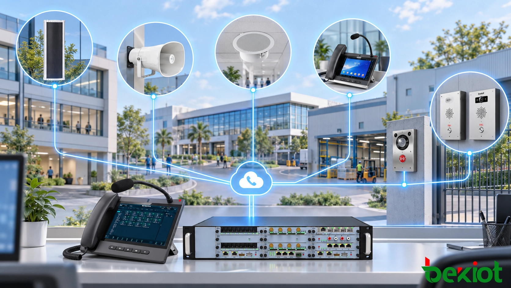 Concepto de sistema de megafonía IP que conecta una interfaz de comunicación central con teléfonos, altavoces, supervisión y dispositivos de alerta