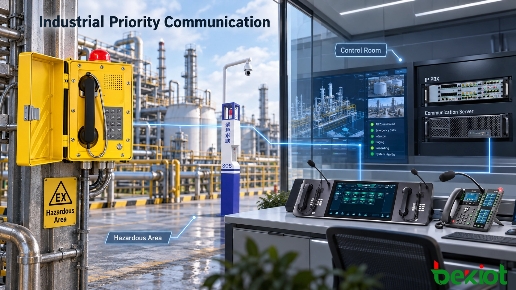 Aplicación de sistema de comunicación prioritaria SIP industrial con teléfono de emergencia y sala de control