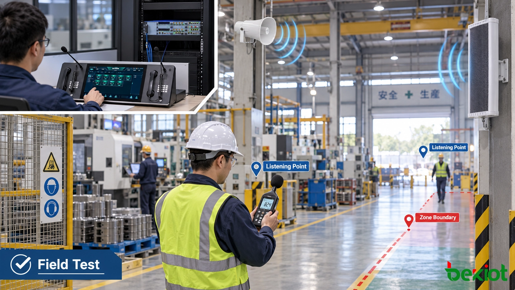 Técnico verificando audibilidad de altavoz de megafonía SIP, inteligibilidad del habla y límites de zona en puntos de escucha industriales