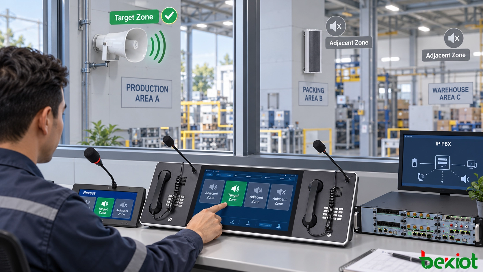 Técnico de sala de control industrial vuelve a probar zonas de paginación SIP corregidas con una consola de despacho, altavoces de bocina y límite de zona