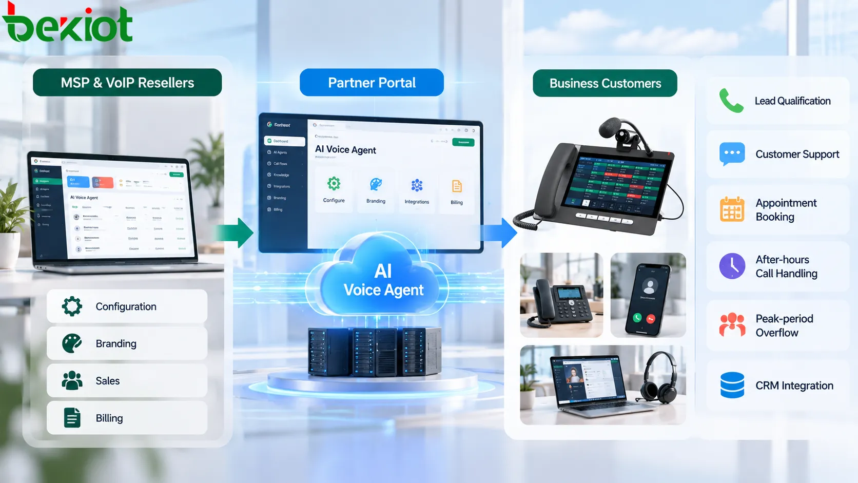 AI Agent de Voip Unlimited configurado, personalizado con marca y facturado por MSP y distribuidores VoIP desde el Partner Portal antes de ofrecerse a clientes empresariales como servicio de voz con IA
