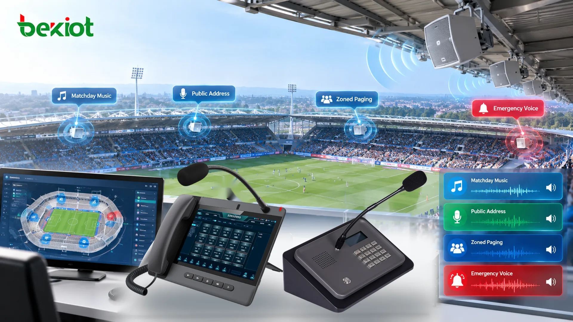 Nuevo sistema de megafonía y alarma por voz del estadio del Chesterfield FC, con altavoces resistentes a la intemperie en cuatro gradas para música de partido, anuncios públicos, avisos por zonas y mensajes de emergencia