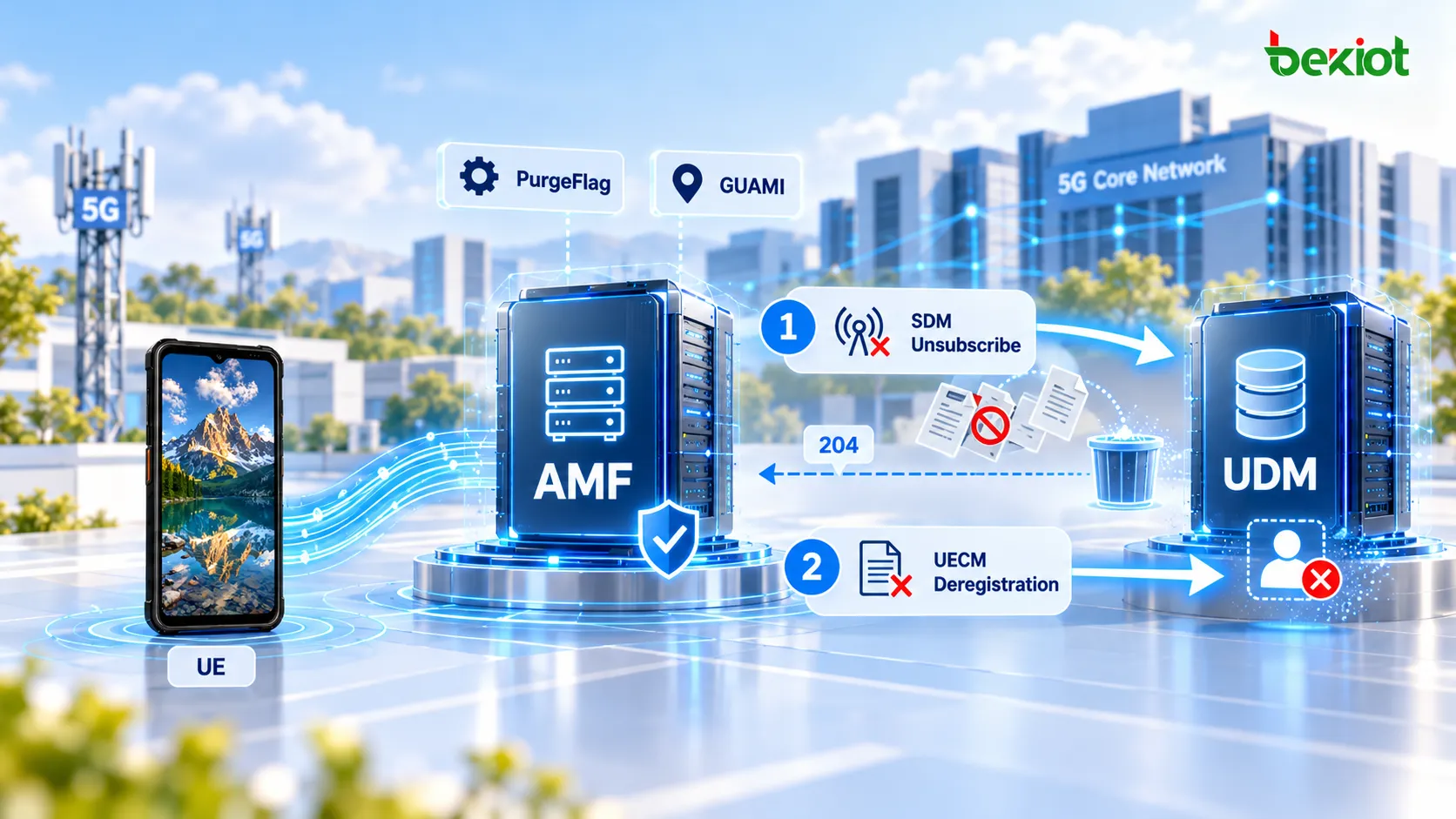 La purga del AMF en 5GC elimina los datos de abonado, el contexto MM, la suscripción SDM del UDM y el registro UECM para evitar que permanezca el contexto obsoleto del UE