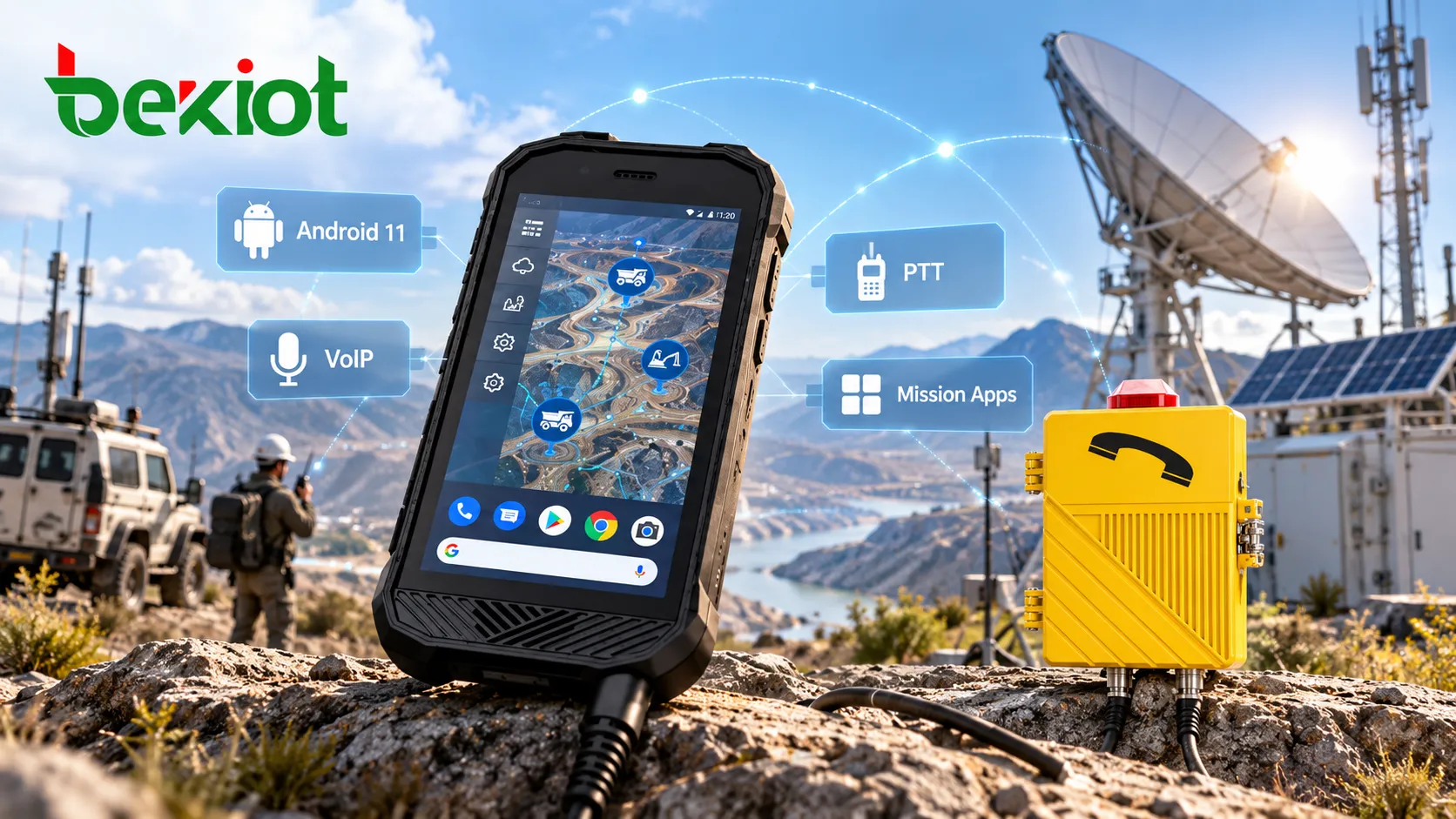Terminal robusto de comunicaciones VoIP SVA 500 con pantalla táctil de 5 pulgadas, plataforma Android y botón PTT para comunicaciones de voz y aplicaciones de misión en entornos de campo críticos