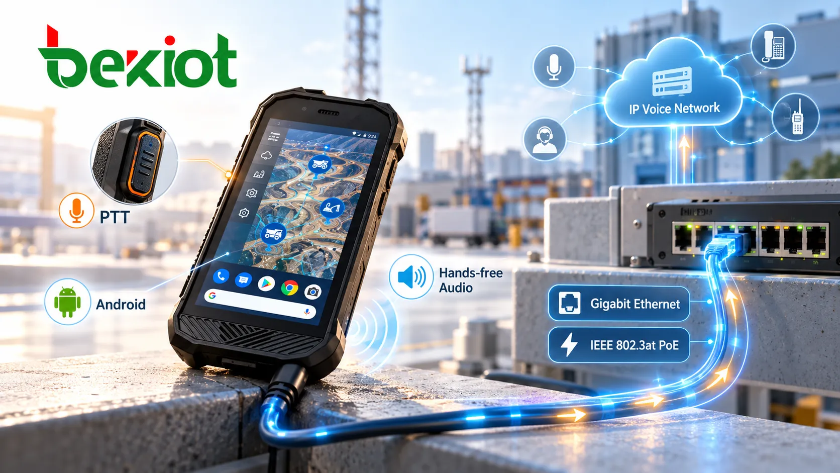 SVA 500 conectado a una red de voz IP mediante Ethernet Gigabit y PoE IEEE 802.3at, con botón PTT físico, software Android y audio manos libres para comunicaciones de campo