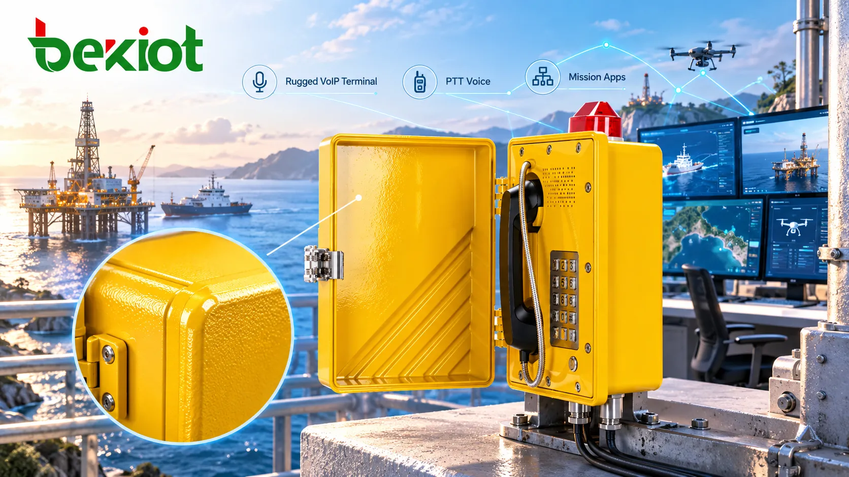 Terminal robusto de comunicaciones VoIP instalado en puestos de control remotos, plataformas marítimas y entornos terrestres de control de sistemas no tripulados, con redes IP cableadas para voz PTT y aplicaciones de misión