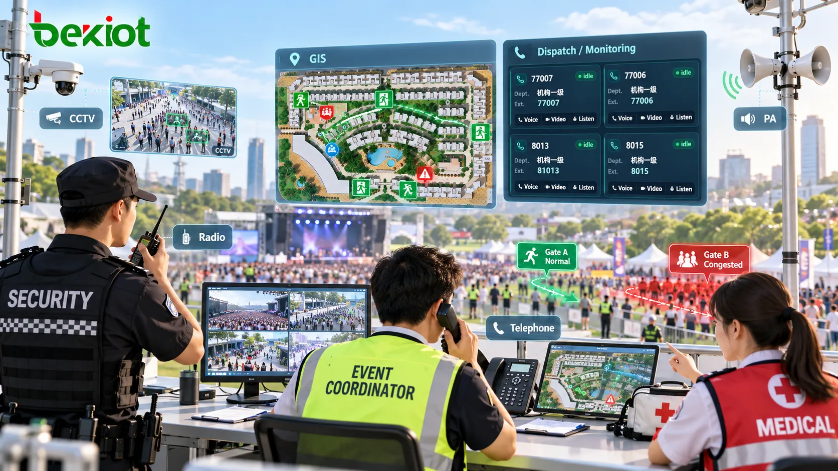 Centro de mando de un evento multitudinario que utiliza CCTV, cartografía GIS, radio, telefonía y megafonía para supervisar densidad, salidas y despliegue de seguridad, personal médico y operativo en tiempo real
