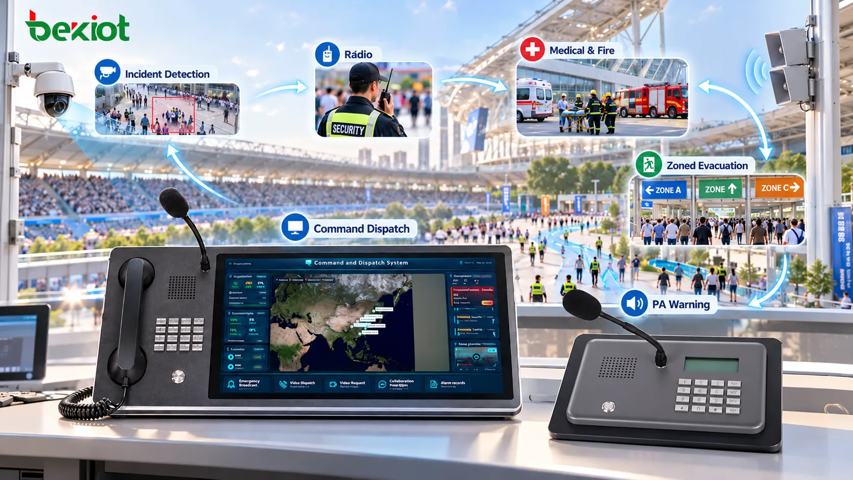 Arquitectura de comunicación de emergencias en eventos multitudinarios que integra detección, avisos PA, mando y despacho, radio de campo, evacuación por zonas y coordinación de recursos médicos y de bomberos