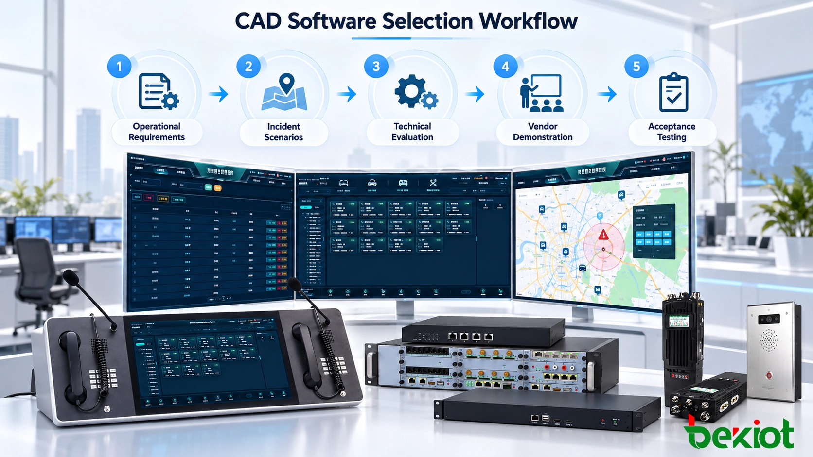Flujo de selección de software CAD que muestra requisitos operativos, escenarios de incidentes, criterios de evaluación y pruebas de aceptación del proveedor