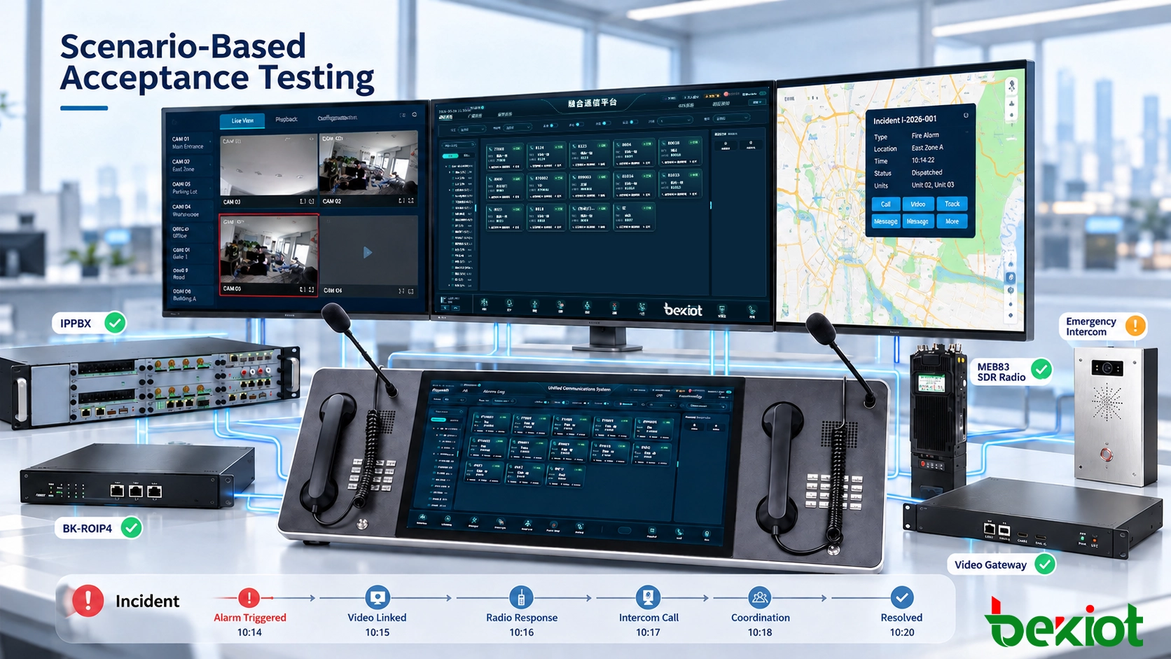 Prueba de aceptación del proveedor CAD que muestra la cronología del incidente, las posiciones de recursos en GIS, las asignaciones del operador y el estado de las interfaces durante un fallo de comunicación simulado