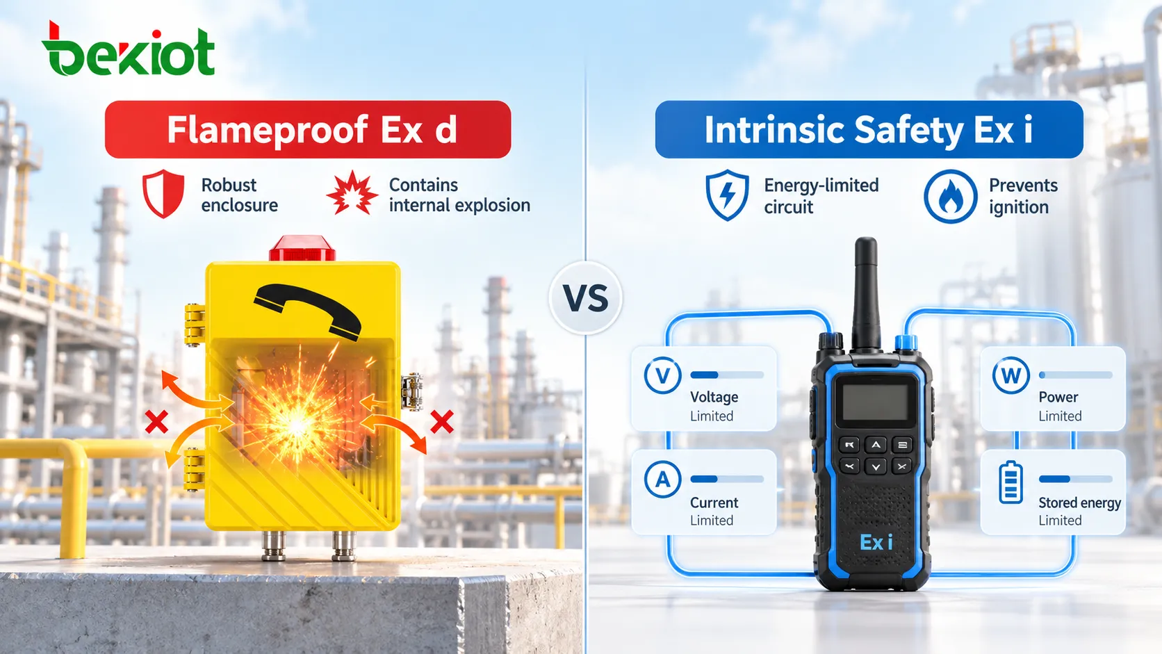 Los terminales antideflagrantes Ex d utilizan una envolvente robusta para contener una explosión interna, mientras que los intrínsecamente seguros Ex i limitan la tensión, la corriente, la potencia y la energía almacenada para prevenir la ignición.