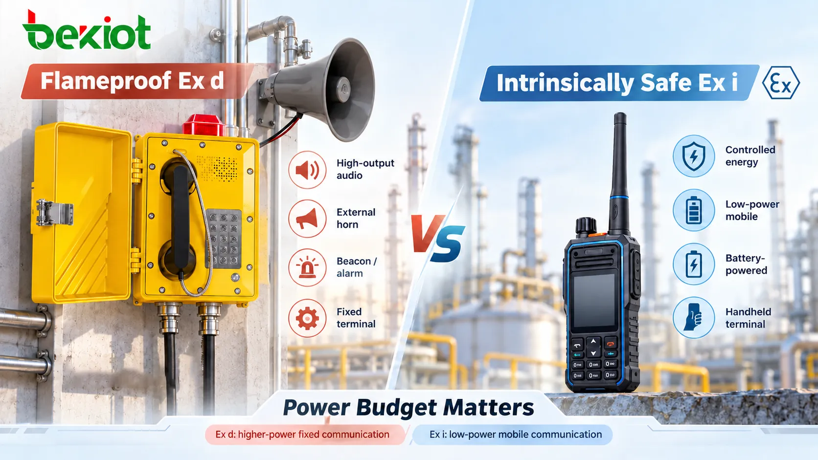 Un terminal fijo antideflagrante Ex d admite audio de mayor potencia, bocina y alarmas visuales, mientras que los equipos portátiles Ex i priorizan la energía controlada y las comunicaciones móviles de bajo consumo.